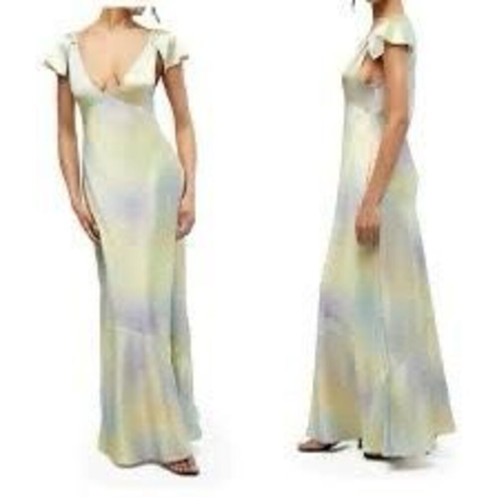 NWT WeWoreWhat Silky Charmeuse Maxi Slip Dress in a pastel watercolor pattern.